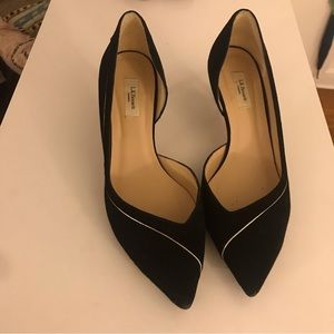 Gorgeous suede black with gold trim Audrey Kitten Heel LKBennett